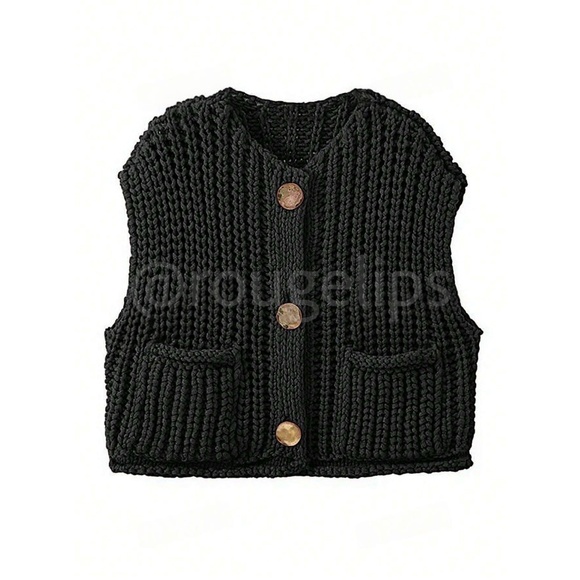 Black Chunky Knit Crop Cardigan Top Vest Yellow Gold Button Up with Pockets - Picture 4 of 6
